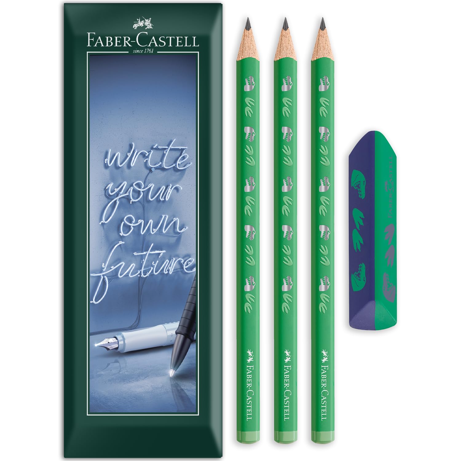 Faber-Castell Dinosaur Jumbo HB Pencils & Eraser Gift Set, Pack of 4