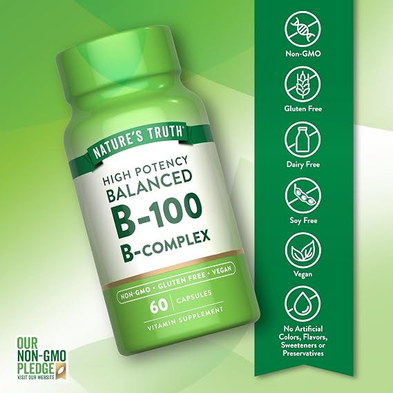 Nature's Truth Vitamin B Complex for Women and Men | 60 Capsules | High Potency B-100 | Vegan, Non-GMO & Gluten Free Supplement