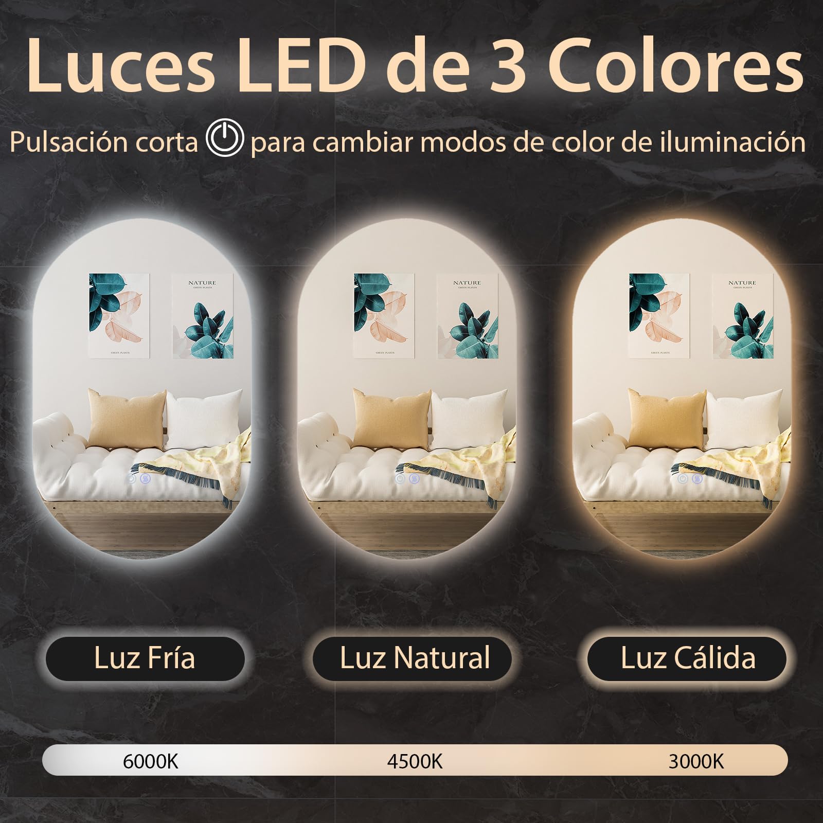 COSTWAY Espejo de Pared LED Ovalado de 80 cm x 50 cm, Retroiluminado y Ajustable en Intensidad, Espejo con 3 Luces de Color e Botón Táctil Inteligente, Antiniebla y a Prueba de Explosiones