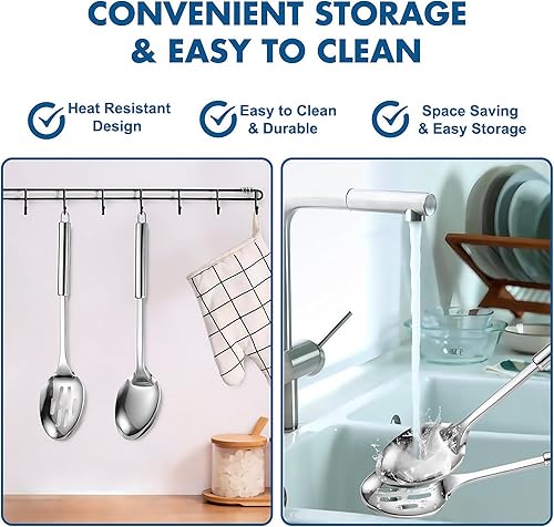 Miniatura 5 de Juego de 2 cucharas de cocina grandes, cuchara de servir de acero inoxidable y cuchara ranurada para cocinar, cucharas largas resistentes al calor