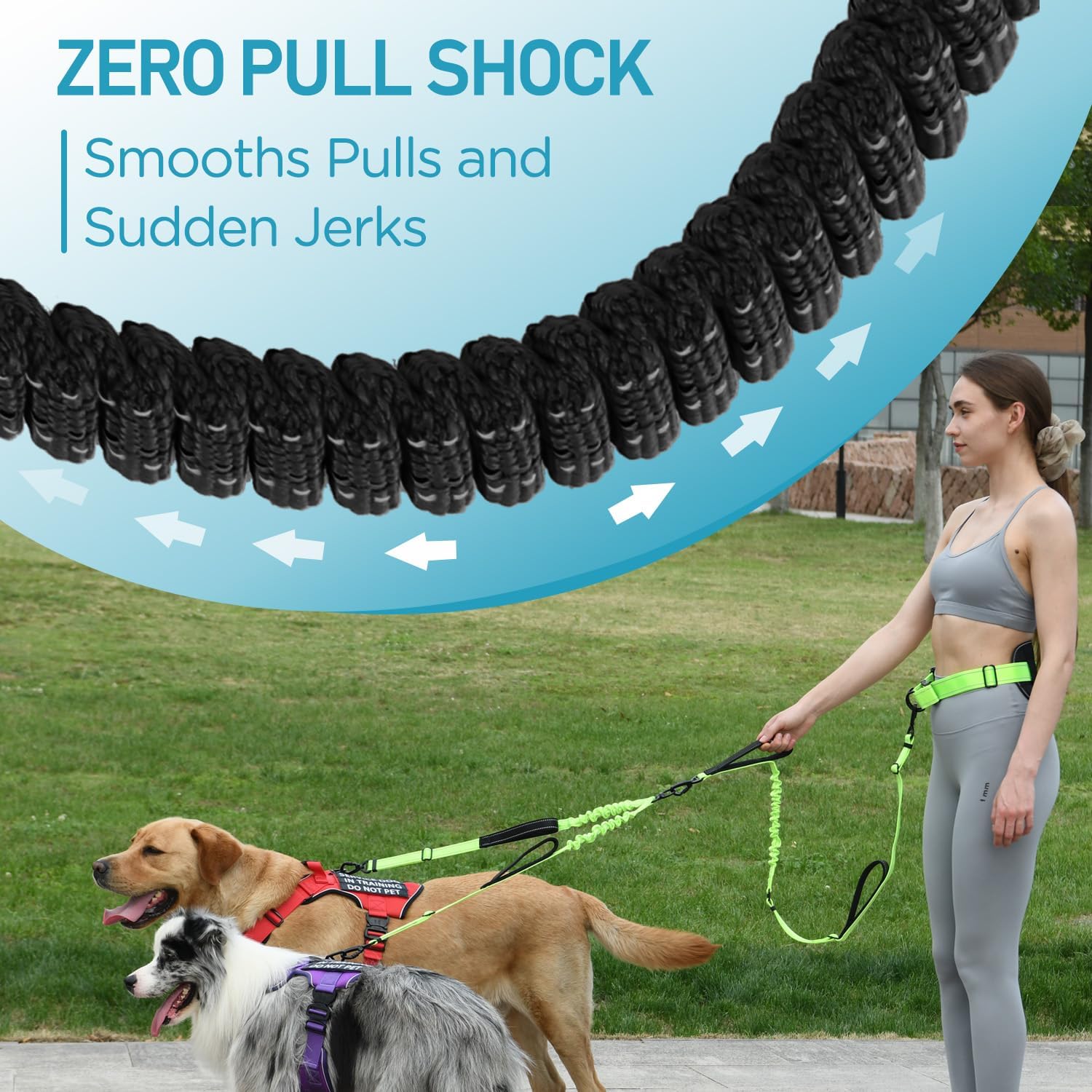 Heavy Duty Hands Free Double Dog Leash for Large Medium Breeds, 6-8ft Reflective Strong Nylon Bungee Leash with Dog Poop Bag Holder