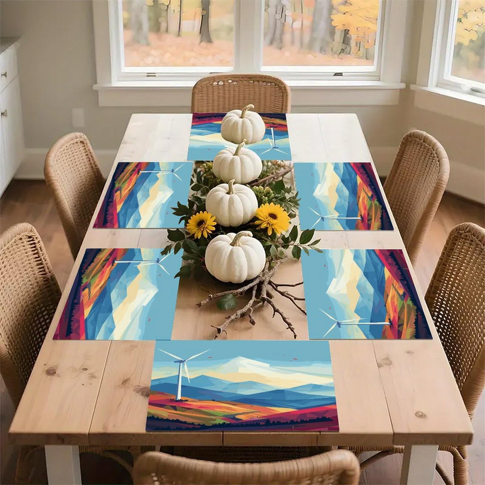 Windmill Flat Illustration Placemats Flax Place Mats for Dining Table Rectangle Non-Slip Table Mats Heat Resistant Washable Placemat for Kitchen Home Decor Party Outdoor 12" X 18"