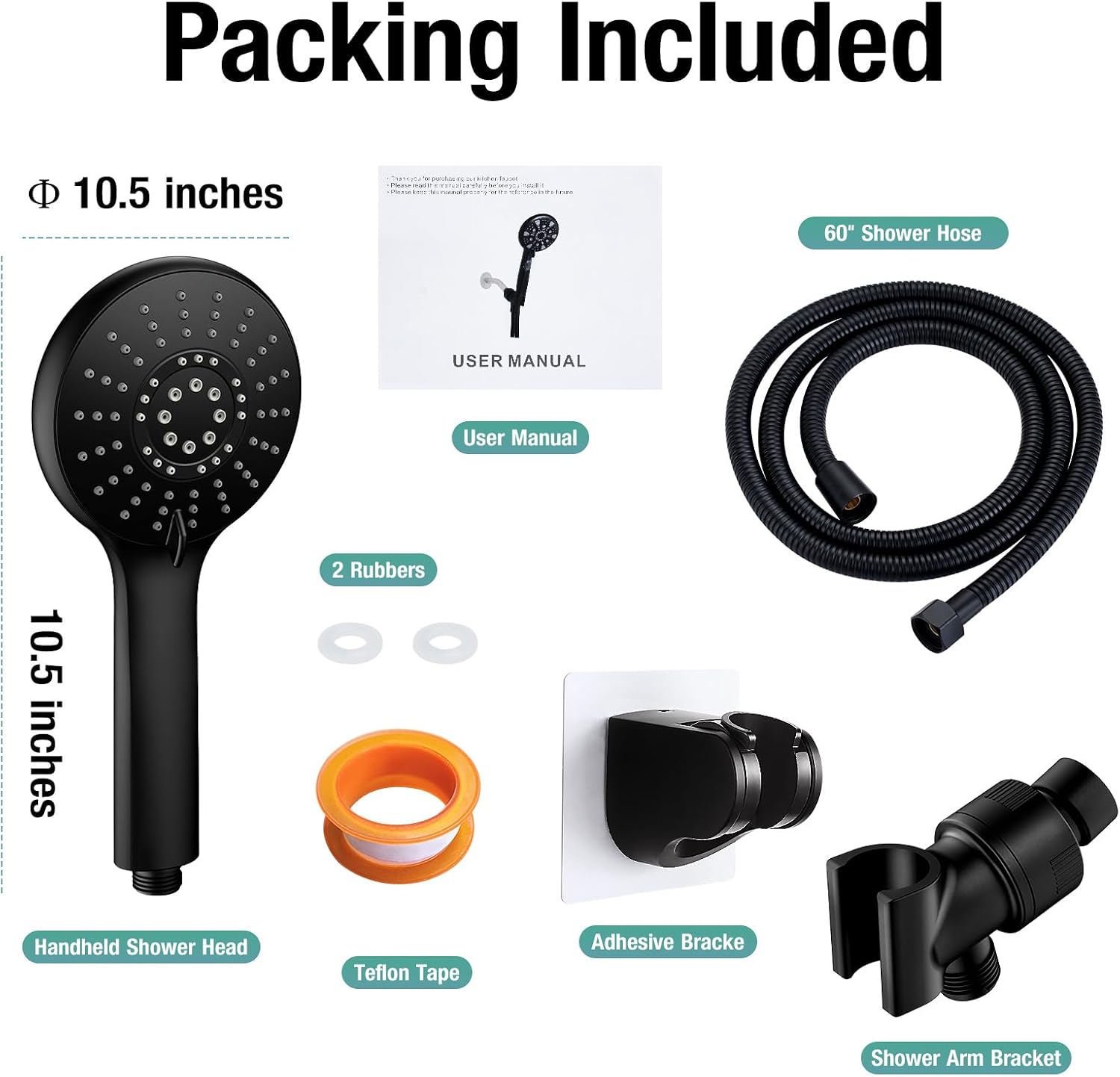 Diagram showing all components included in the AKLFGN shower head package: handheld shower head, 60-inch shower hose, user manual, 2 rubber washers, Teflon tape, adhesive bracket, and shower arm bracket.