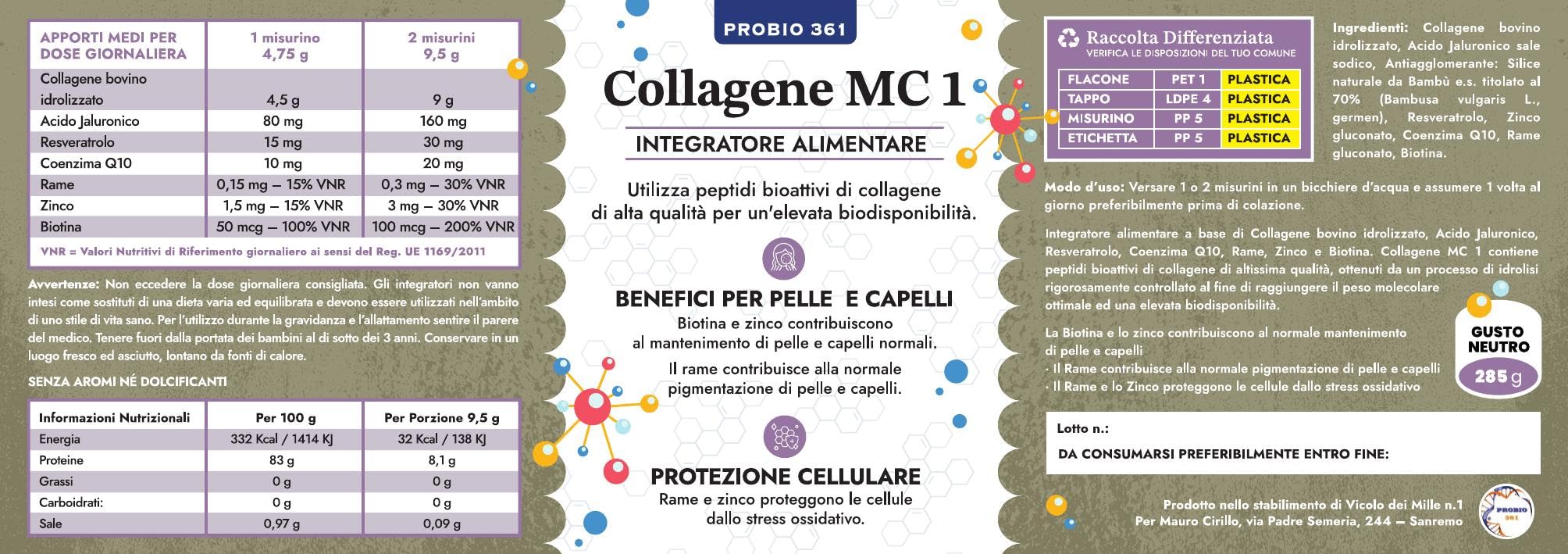 Collagene Bovino Idrolizzato in Polvere - 285 g | Alto Assorbimento, Con Acido Jaluronico, Zinco e Biotina, Senza Glutine e Lattosio, Made in Italy