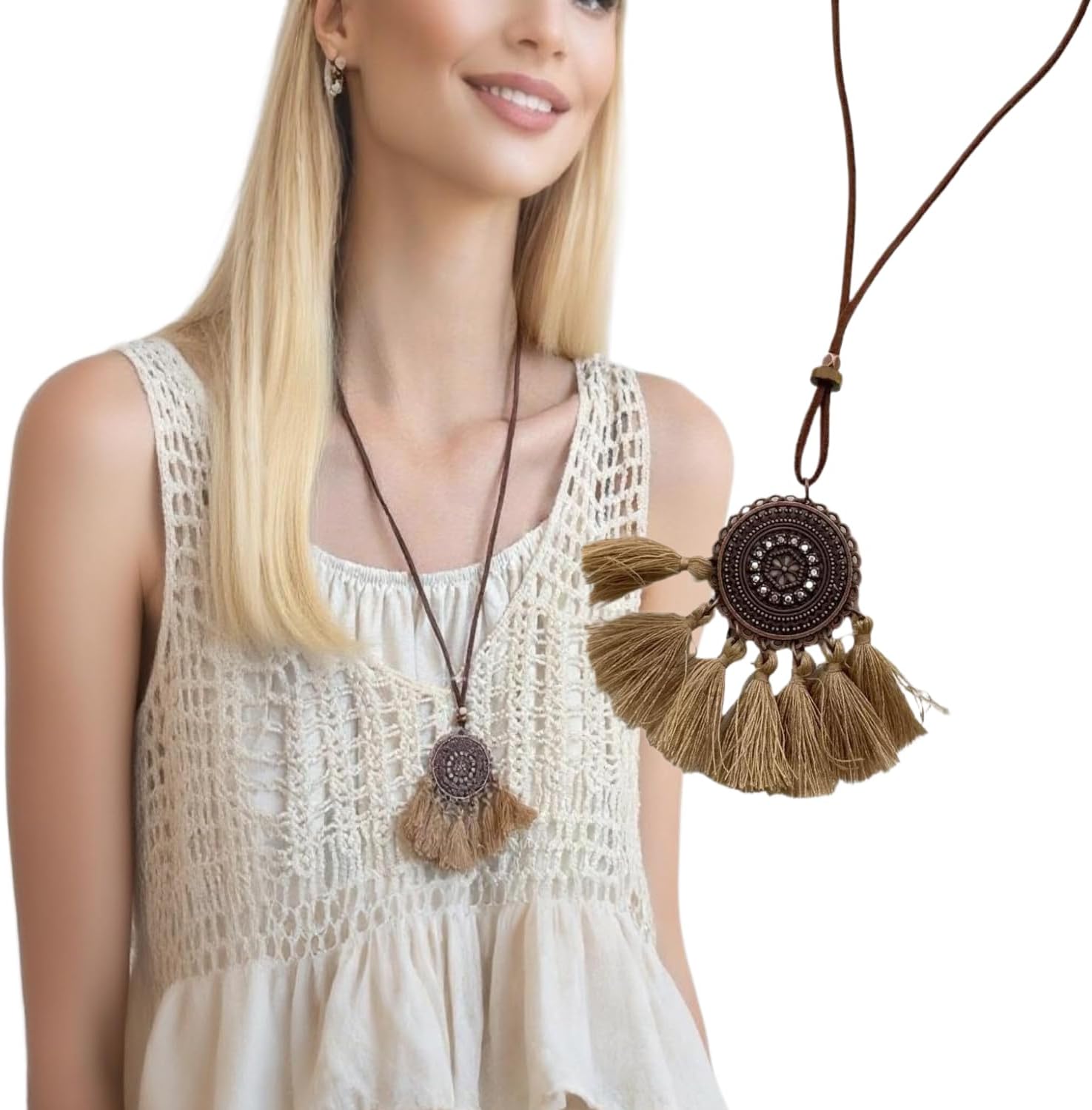 Boho Necklaces for Women, Vintage Pendant Necklaces Two Layers of Wear Choker, Adjustable Trendy Necklace Hippie Handmade Fashion Jewelry Accessories, Birthday Gifts - Image 2