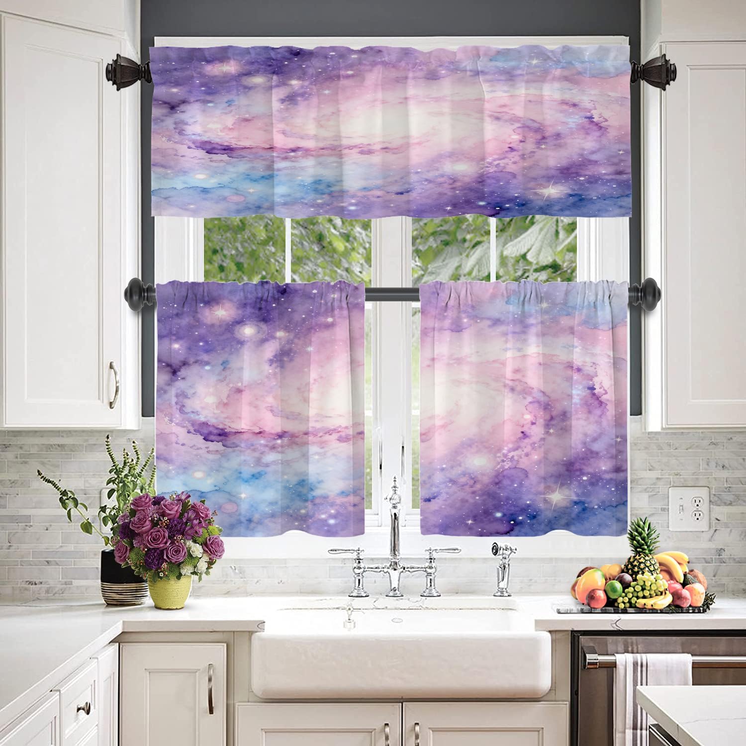 Pink Purple Abstract Galaxy Kitchen Valances for Windows,Tie Dye Starry Sky Hotpink Art Blackout Valances Curtains Multilayer Polyester Drapes for Kitchen Bedroom 2 Pack 52X16 Inches