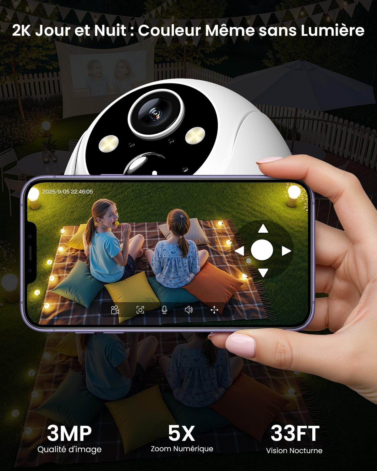 YESKANO 2K Camera Surveillance WiFi Exterieure sans Fil 360° PTZ