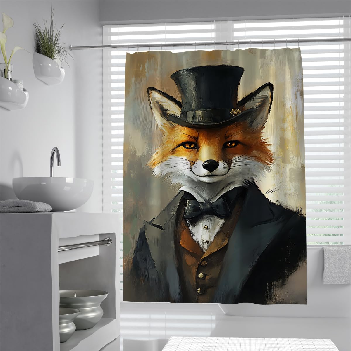 UIRINGART Cute Fox Bath Curtains W160xL200cm Quick Dry Mold Resistant Gentleman Wild Animal Bowtie Suit Fabric Bathroom Screen With Hooks Washable Liners