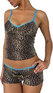 NUFIWI Women Leopard Print 2 Piece Shorts Set Spaghetti Strap V Neck Cami Top with Shorts Matching Pajamas Loungewear Set