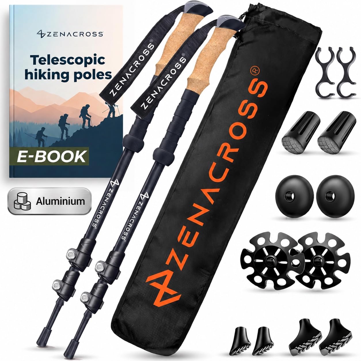 Zenacross® Wanderstöcke Teleskop Aluminium - Nordic Walking Stöcke Damen/Herren Ultraleichte - Trekkingstöcke Einstellbar mit Natürlich Kork Griff