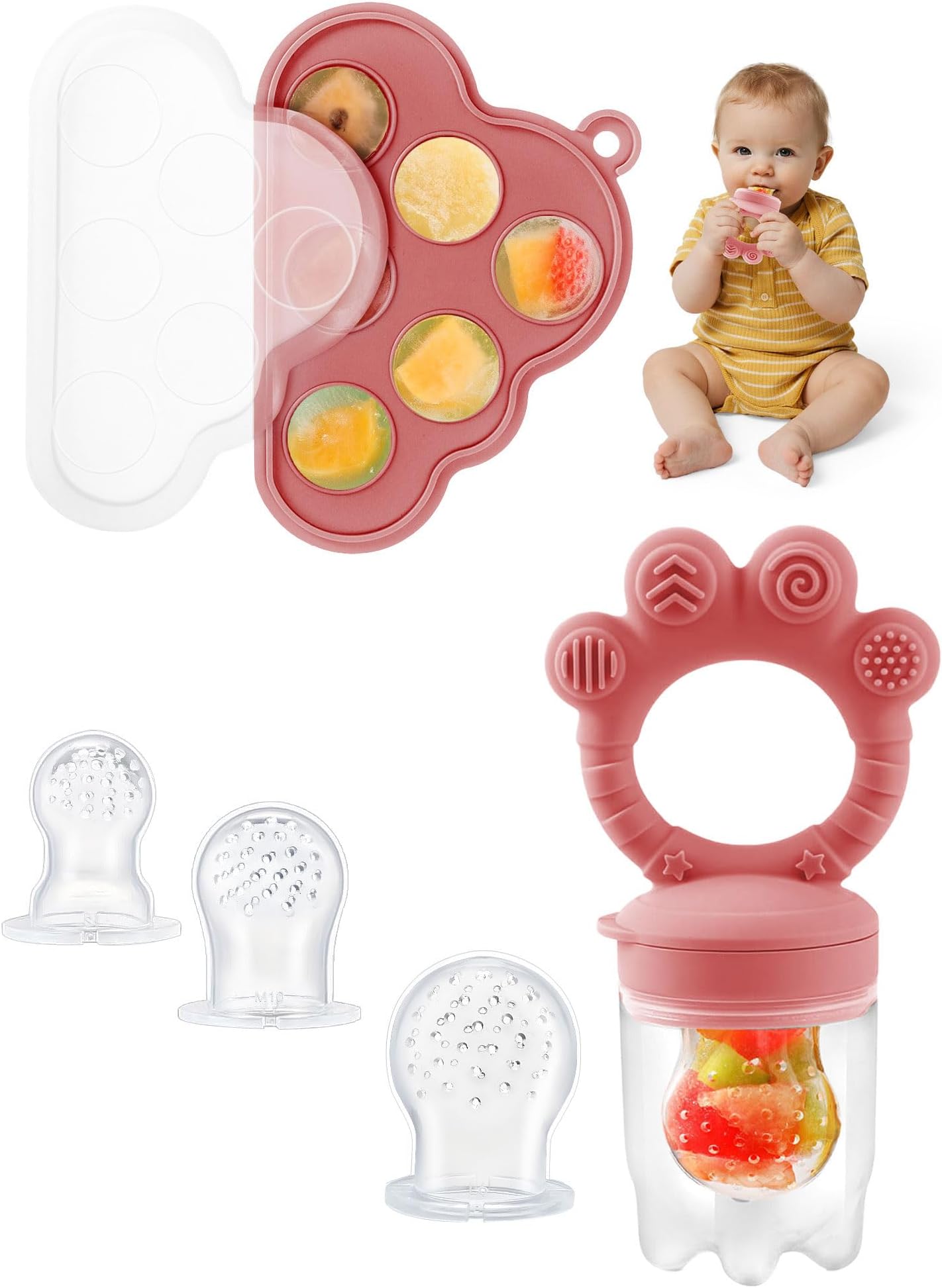 Breastmilk Popsicle Molds & Baby Fruit Food Feeder Pacifier, Silicone Baby Food Storage Containers, Baby Popsicle Molds Teething for Toddler Teething & Infant Self Feeding (Pink)