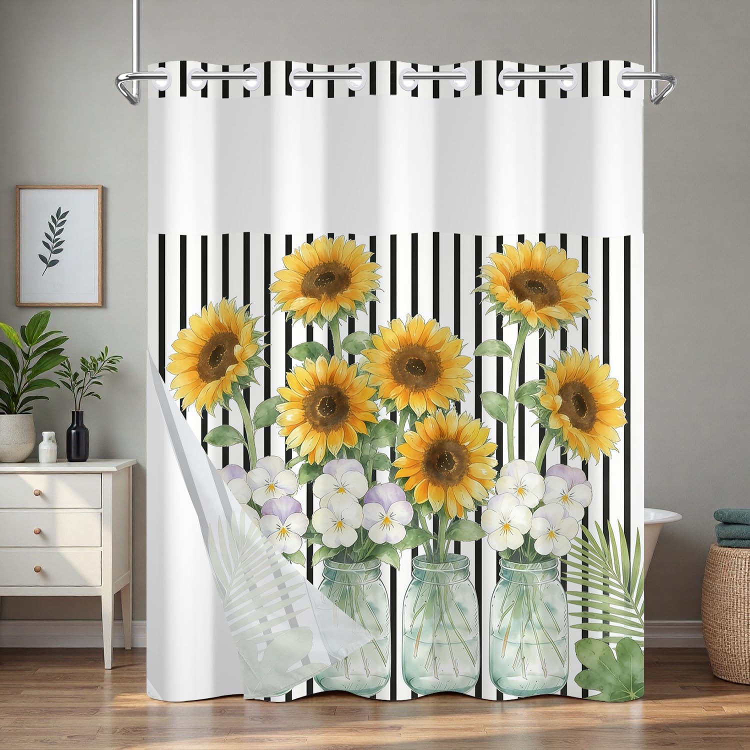 No Hook Floral Shower Curtain with Liner, Sunflowers Black Stripes Bathroom Shower Curtain and Snap in Liner Set, Summer Bath Decor Waterproof Shower Curtains with Mesh Top Window and Weighted Hem