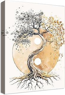 HALFLEMART Cadre en Bois Impression sur Toile Arbre de Vie Yin Yang Tableau Image sur Toile Affiche Bouddhisme Zen Beige Tableau Decoration Murale Salon Chambre Coucher Salle de Bains Couloir 30x40cm