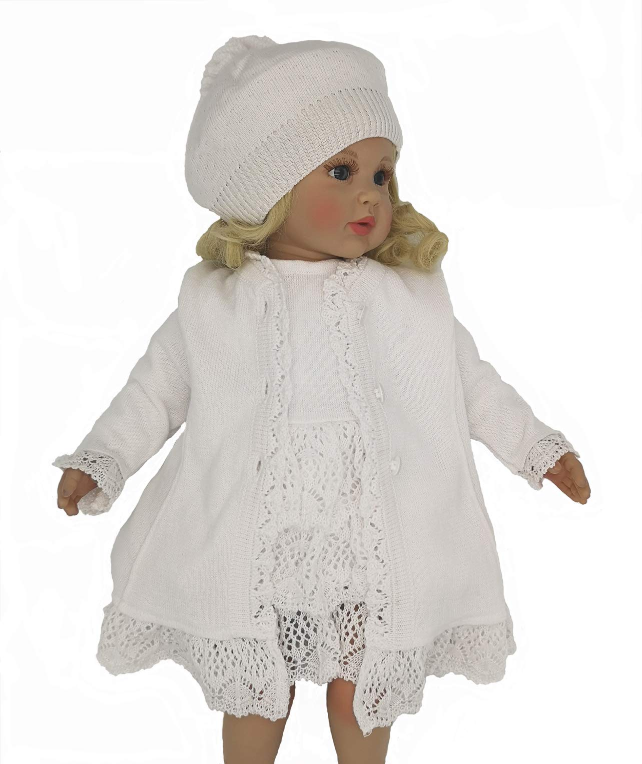 Vestido de bautizo para niña, de ceremonia, juego de 3 piezas, color blanco