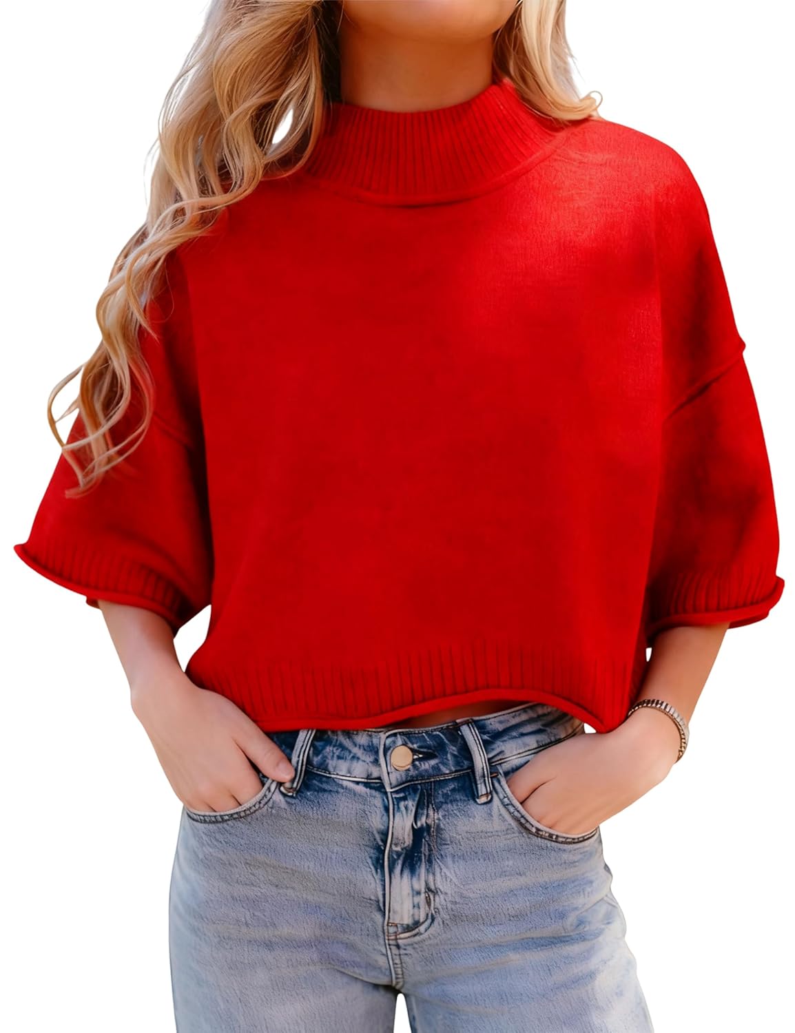 Bankeng Womens Short Sleeve Sweater Oversized Cropped Sweaters Casual Crewneck Lightweight Knit Tops