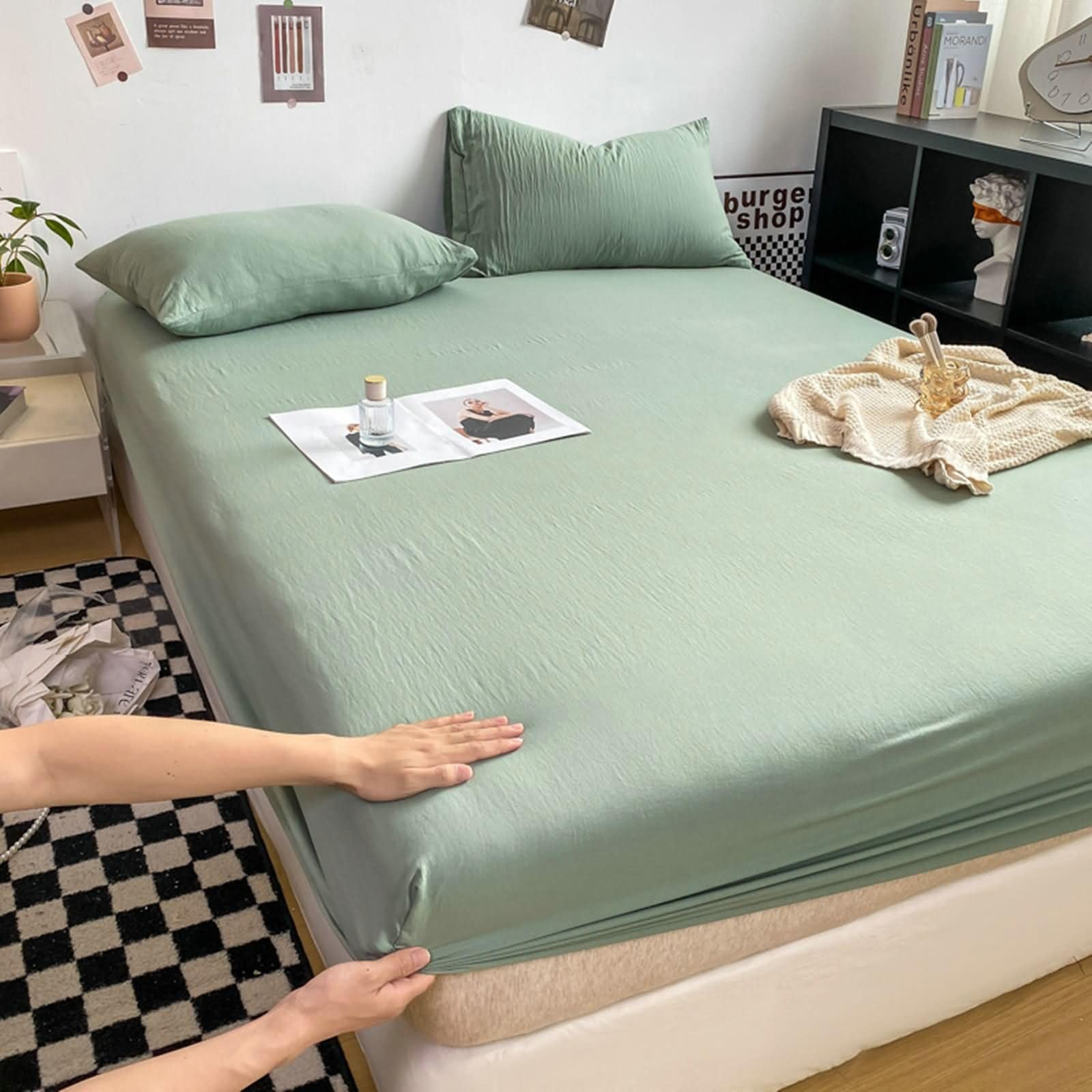 Drap housse 120x200cm vert sauge uni en polyester pour matelas standard