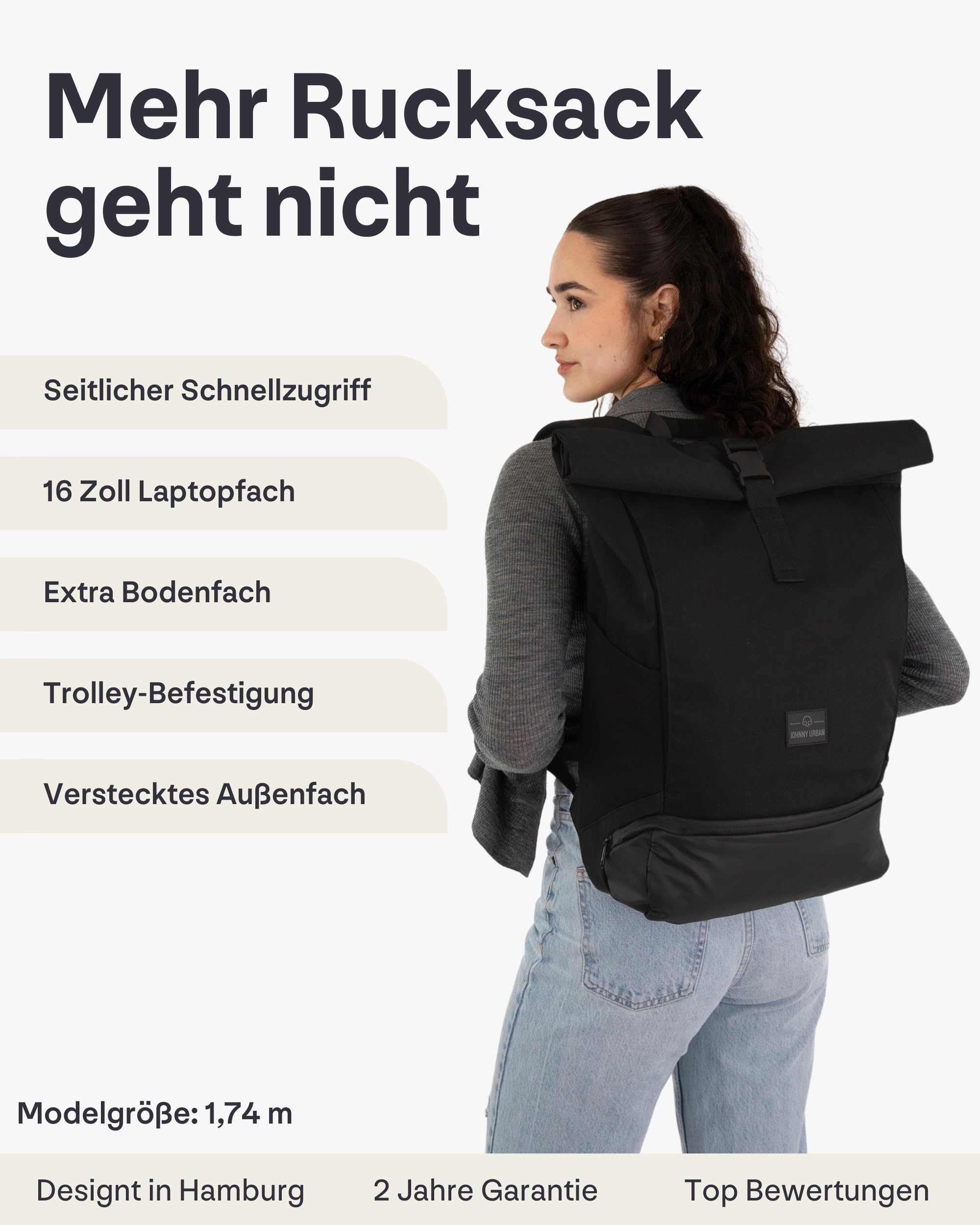 Johnny Urban Rucksack Herren & Damen Schwarz - Allen Large - Rolltop Backpack Groß für Fahrrad, Arbeit, Uni - Laptop Tagesrucksack mit Schuhfach - Wasserabweisend