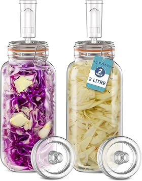 HEFTMAN Fermenting Jar 2 Pack with Airlock - 2L for Safe Fermentation for Kefir, Kimchi, Sauerkraut, Sourdough Starter - Silicone Lids & Fermentation Weights - Fermentation Jars 2 Pack Full Set