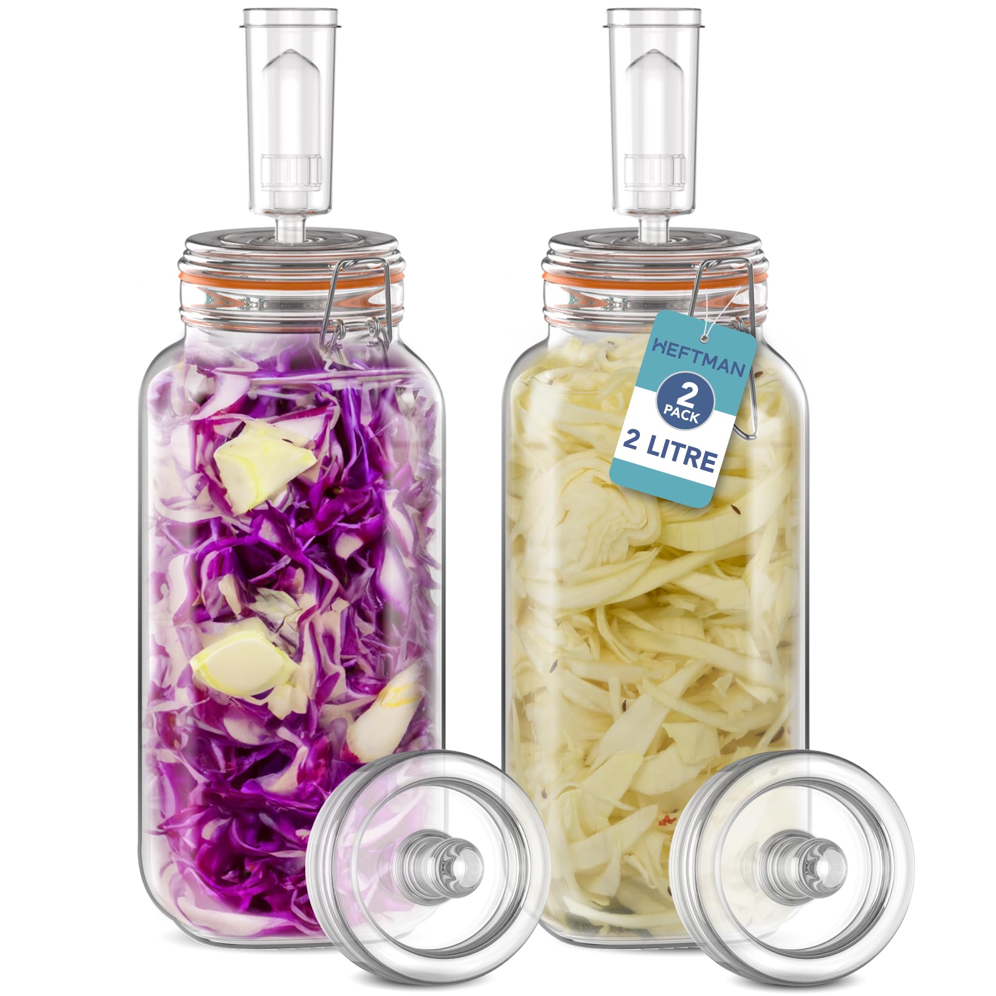 Fermenting Jar 2 Pack with Airlock - 2L for Safe Fermentation for Kefir, Kimchi, Sauerkraut, Sourdough Starter - Silicone Lids & Fermentation Weights - Fermentation Jars 2 Pack (Full Set)