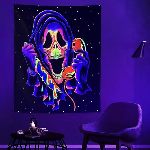 Simpkeely Tapiz de calavera de terror con luz negra, tapiz para colgar en la pared de fantasma, reactivo a los rayos UV, tapiz de fondo de fiesta