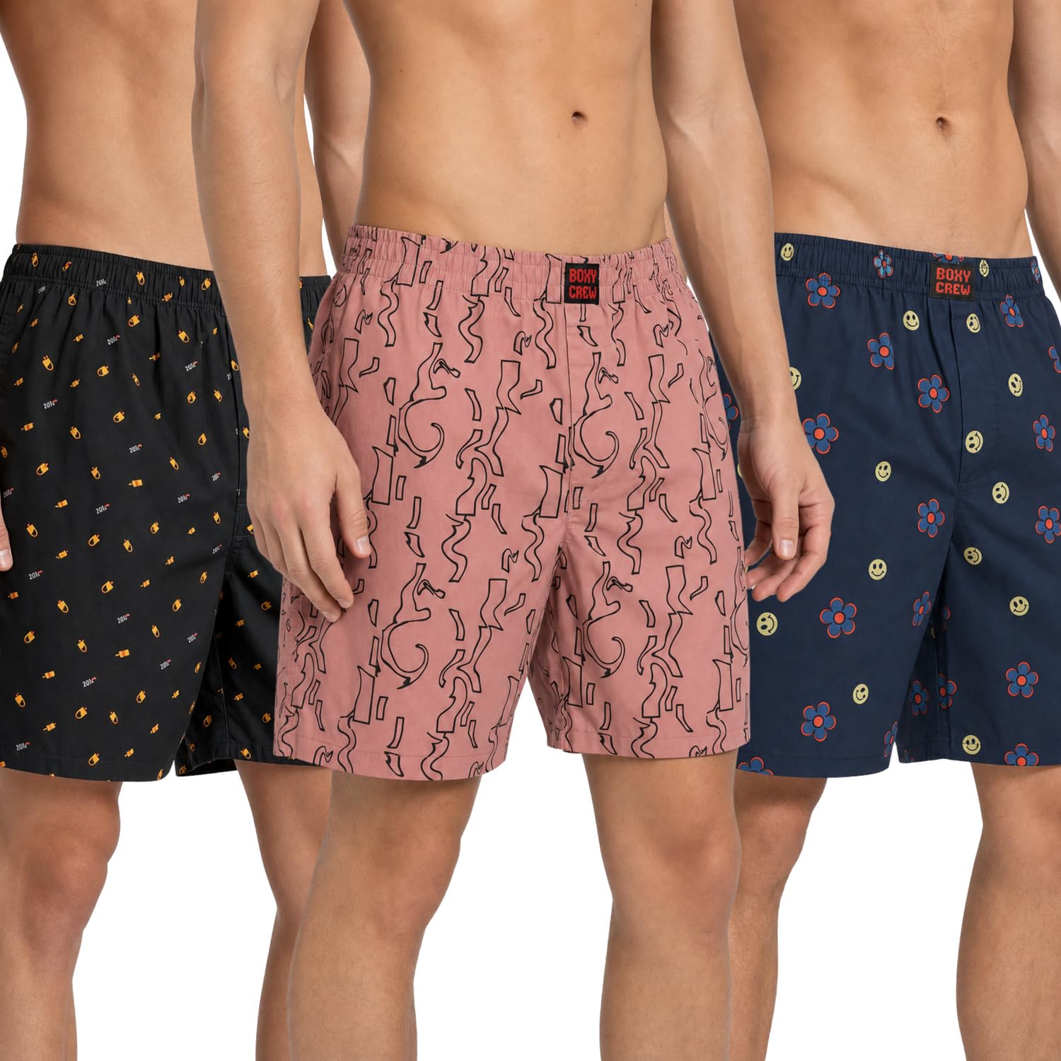 Men's 100% Cotton Printed Boxer Shorts Pack of 3 with Dual Side Pockets and Fabric-Covered Waistband - Black/Brick/Navy Blue, Styles MBX016, MBX017, MBX029-image-30