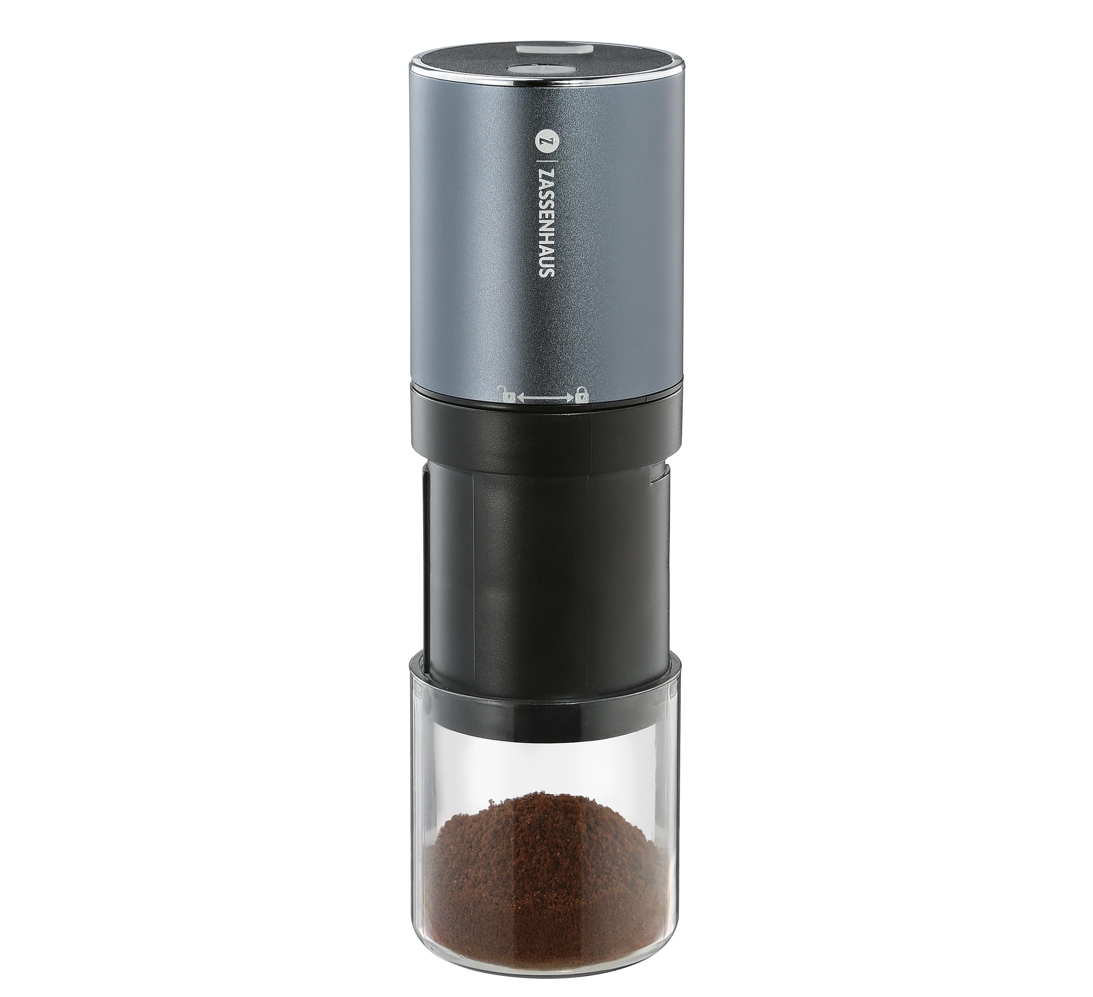ZASSENHAUS Mini Master USB elektryczny młynek do kawy ze stali nierdzewnej z regulowanym mechanizmem mielącym, młynek do espresso z akumulatorem, szary
