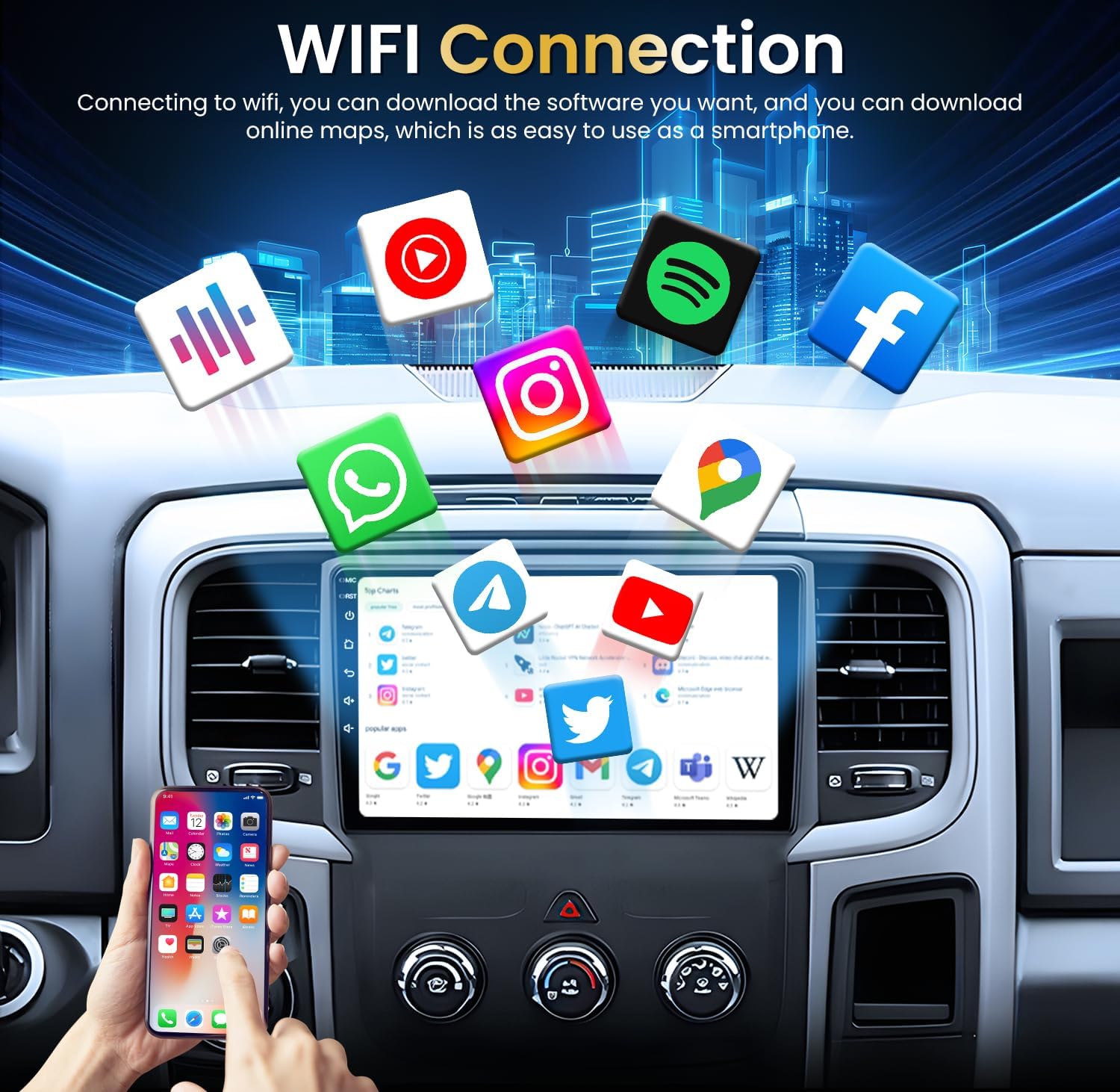 Diagram showing wireless CarPlay and Android Auto connectivity with smartphones
