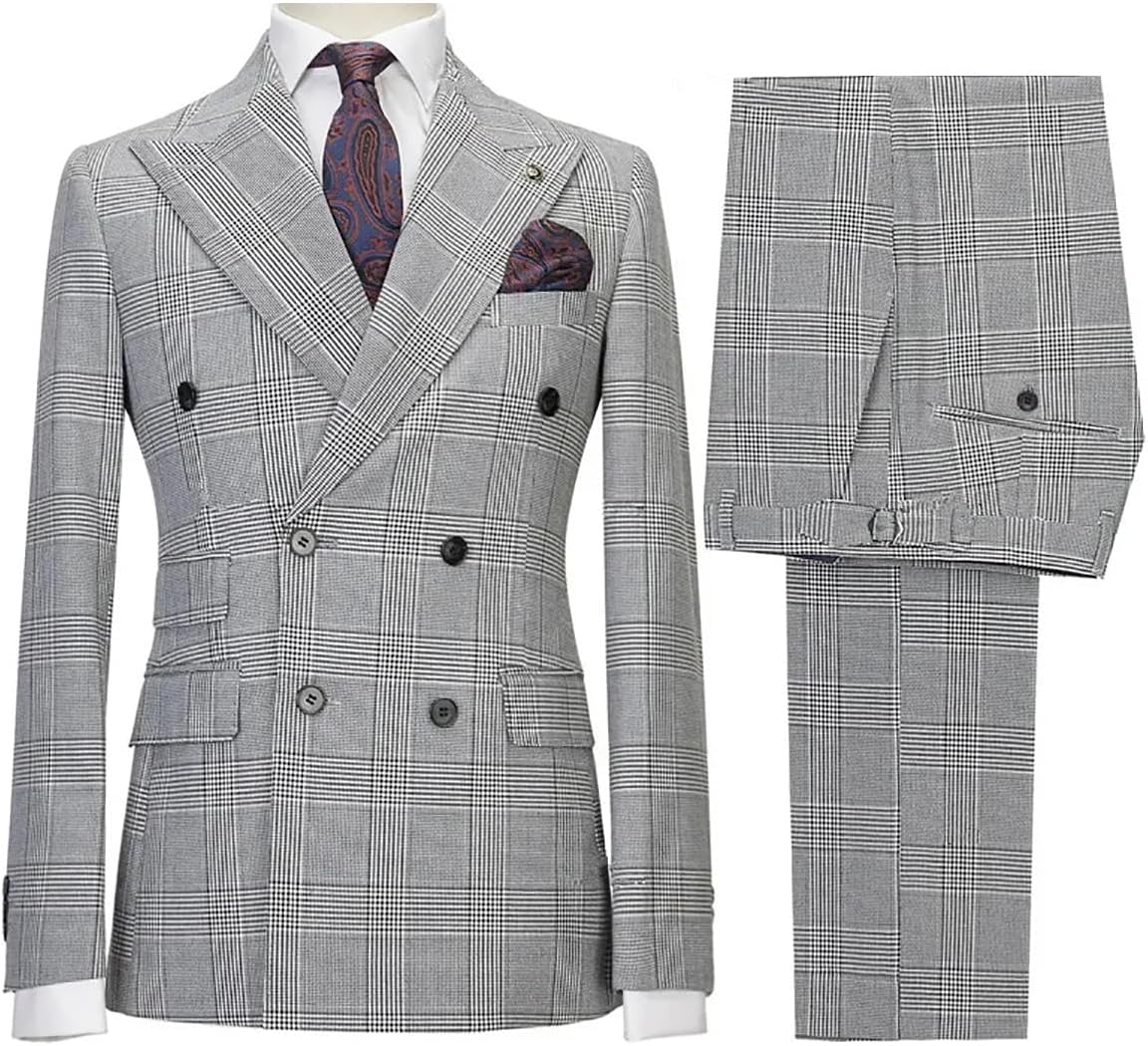 Mens 2 Piece Classic Plaid Checked Tuxedo Suit Business Casual Double Breasted Blazer Jacket Pants Set for Prom Party