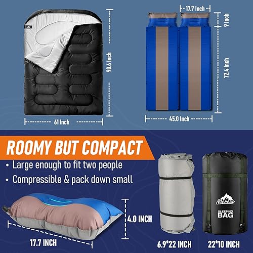 Miniatura 6 de MEREZA Almohadilla de dormir de espuma viscoelástica autoinflable+sacos de dormir para 2 personas, 3 pulgadas de grosor, doble almohadilla de