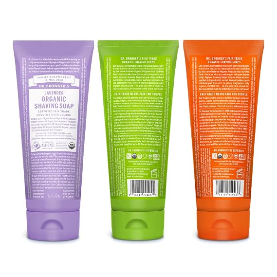 Dr. Bronner's Organic Shaving Soap 3 Pack Variety, 7oz (Lavender, Tea Tree, Lemongrass) Moisturizing Shave Soap for Men & Women Certified Organic Sugar & Shikakai For Face, Underarms & Legs