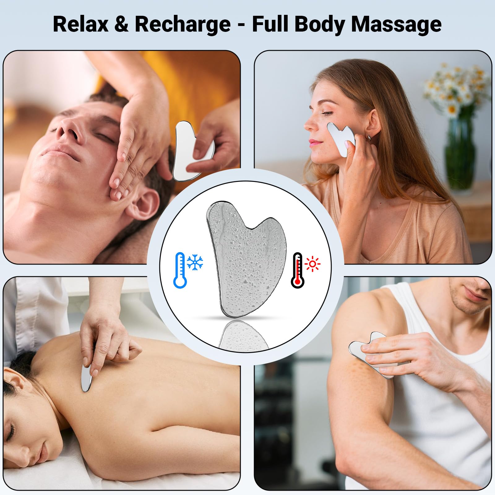 Alyvisun Gua Sha ze stali nierdzewnej, narzędzie Gua Sha do zmniejszania opuchlizny, chłodząca płytka do masażu twarzy z woreczkiem i ściereczką do czyszczenia