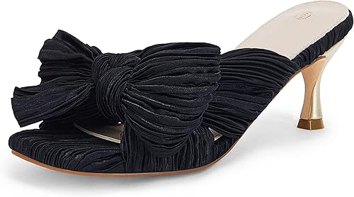 Coutgo Sandalias de tacón con lazo para mujer, tacones plisados con lazo, puntera cuadrada abierta, lindos tacones de gatito, zapatos de vestir de