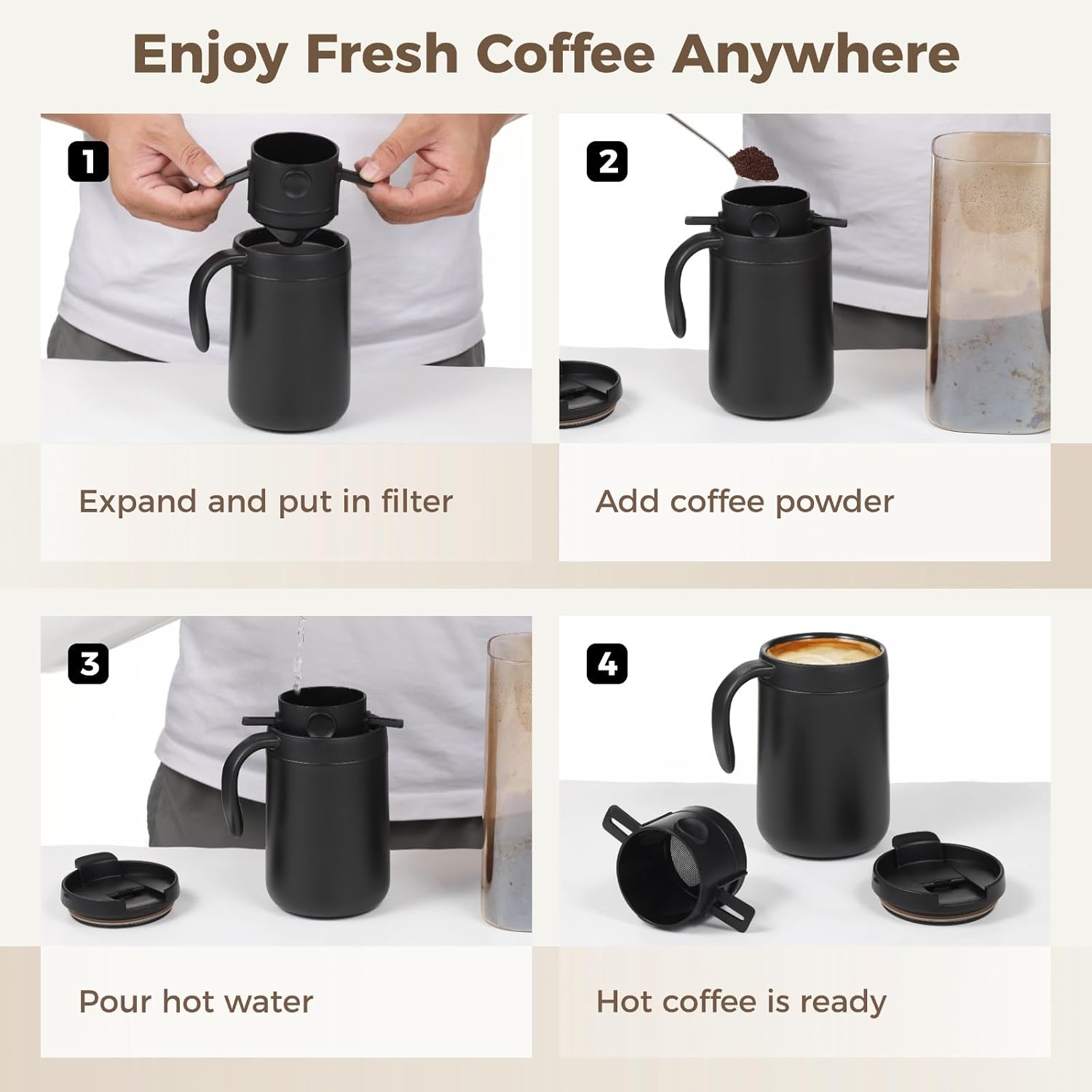 Stainless Steel Pour Over Coffee Maker Camping Set, Quality Design with Spoon and Filter, Great for Travel, Office and Home Use