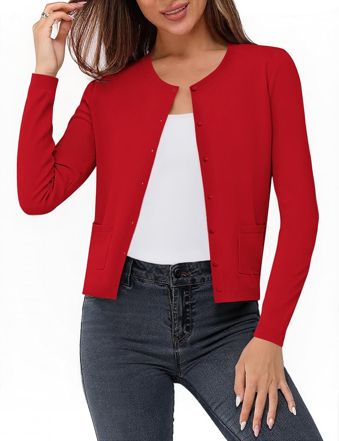 Aottori Gebreid vest voor dames, lange mouwen, ronde hals, open trui aan de voorkant, met zakken en knopen, licht vest, elastisch, elegant, zacht, casual, Navy Blauw, L