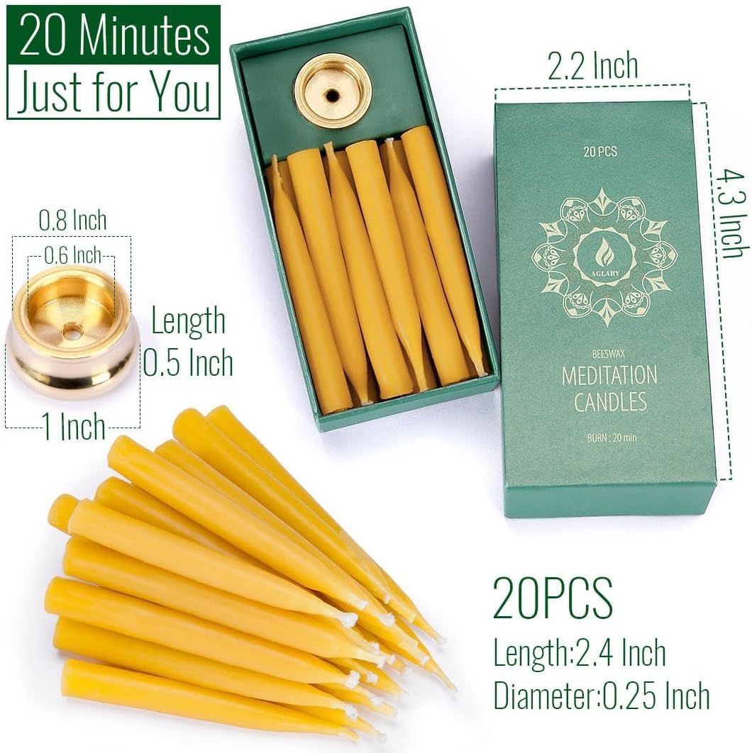 20-Minute Beeswax Meditation Candles, 20-Count with Brass Holder