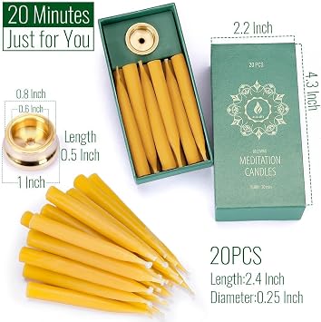 20 Dakika Saf Balmumu Mumları, Damlatmayan Meditasyon Mumları, Mini Konik Mumlar, Pirinç Mumluk ile 20'li Set