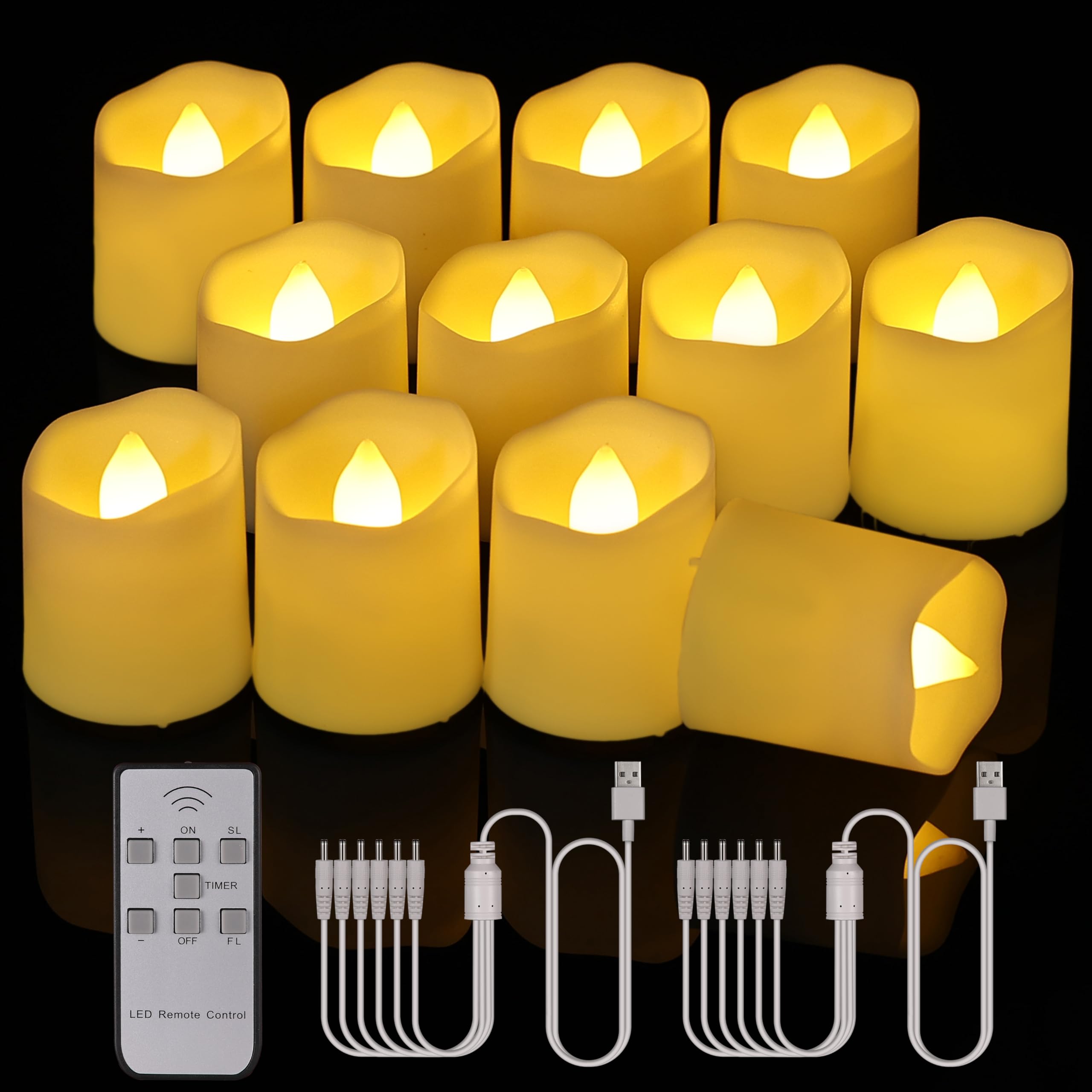 Porashine Rechargeable Tea Lights Pack of 12/6 LED Candles Flickering Warm White/RGB with Remote Control Timer USB Cable 3D Flameless for Home Room Table Halloween Christmas Decoration (Warm White)