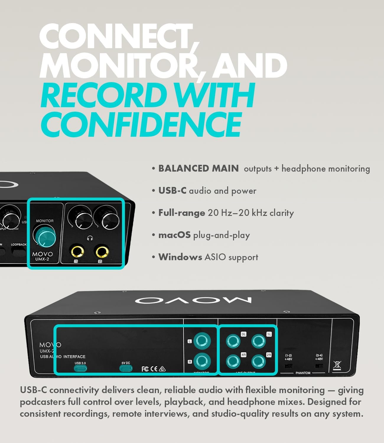 Movo UMX-2 4-Channel USB/USB-C Audio Interface for Recording, Podcasting, Audio Production – Mac & PC