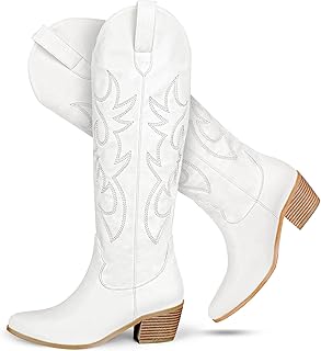 STALOV Embroidered Cowboy Boots for Women, Fashion Western Pointed Toe Chunky Heel Pull-On Knee High Cowgirl Boots