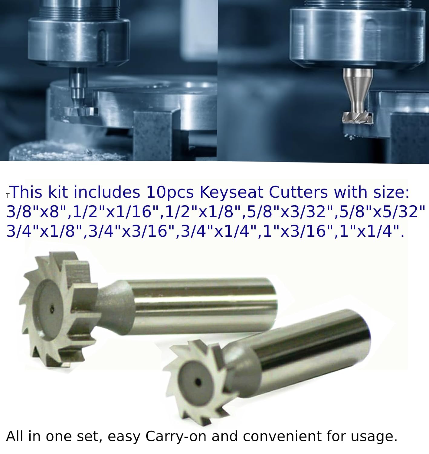 HSS M2 Woodruff Keyseat Cutters Set 1/2" Round Shank Straight Tooth Milling Cutter for Keyseat Slot-10Pcs