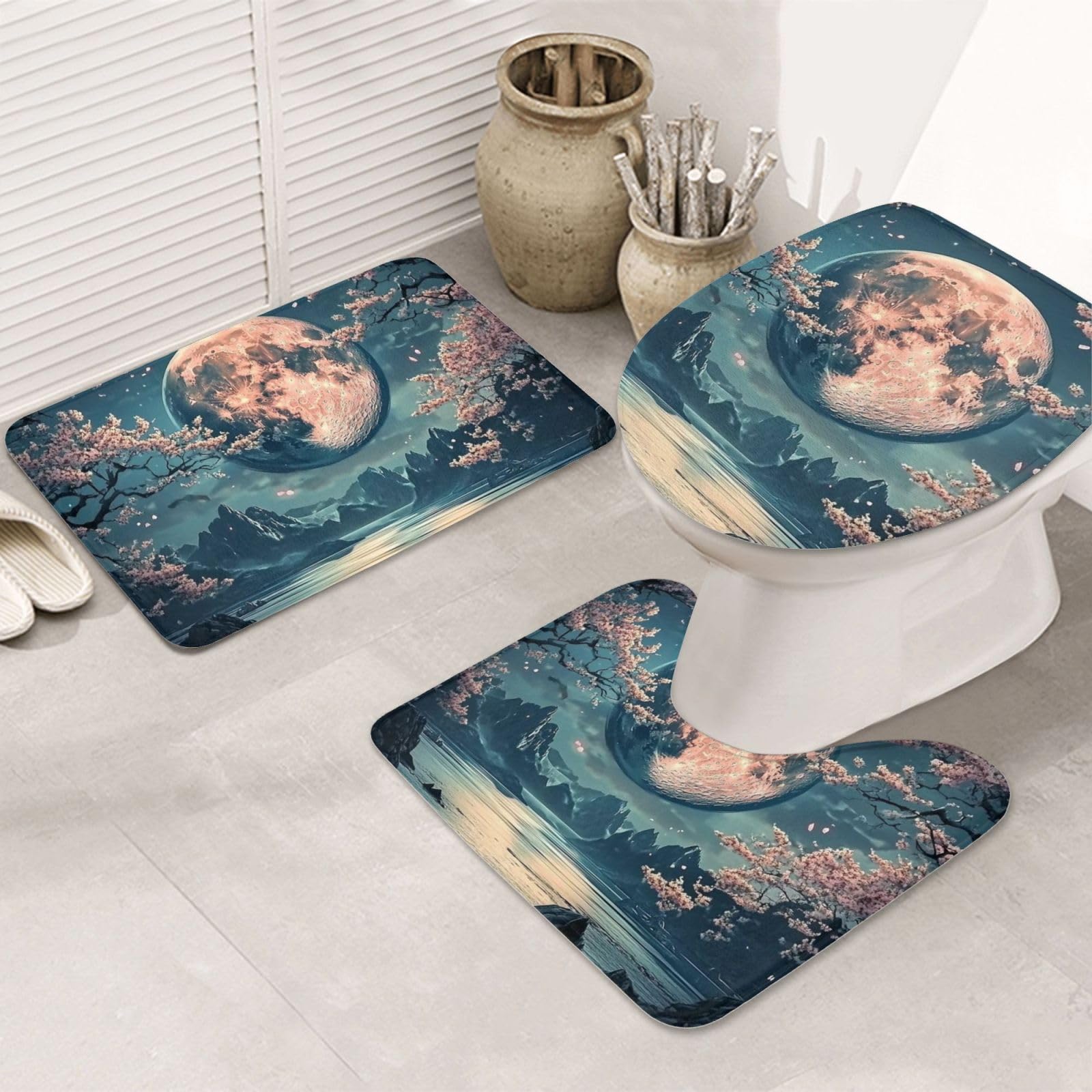 Alfombrilla de baño de 3 piezas con flores de cerezo y funda de inodoro lavable