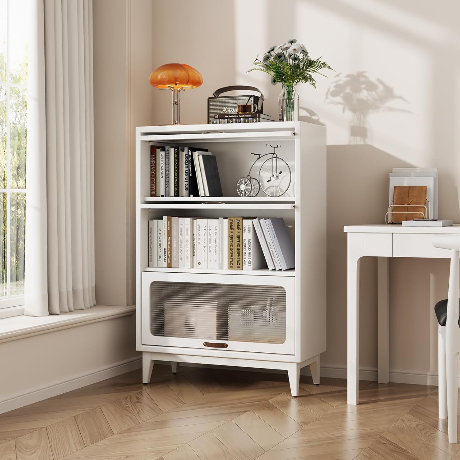 AQIMUELE Solid Wood Storage Cabinet with Glass Doors, 3 Shelf Small Storage Cabinet, Mid Century Modern Bookcase, Kitchen Pantry Cabinet (White, 31.5" W)