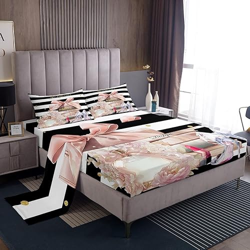 jejeloiu Pink Fashion Bed Sheets Set King Size Kids Black Wh