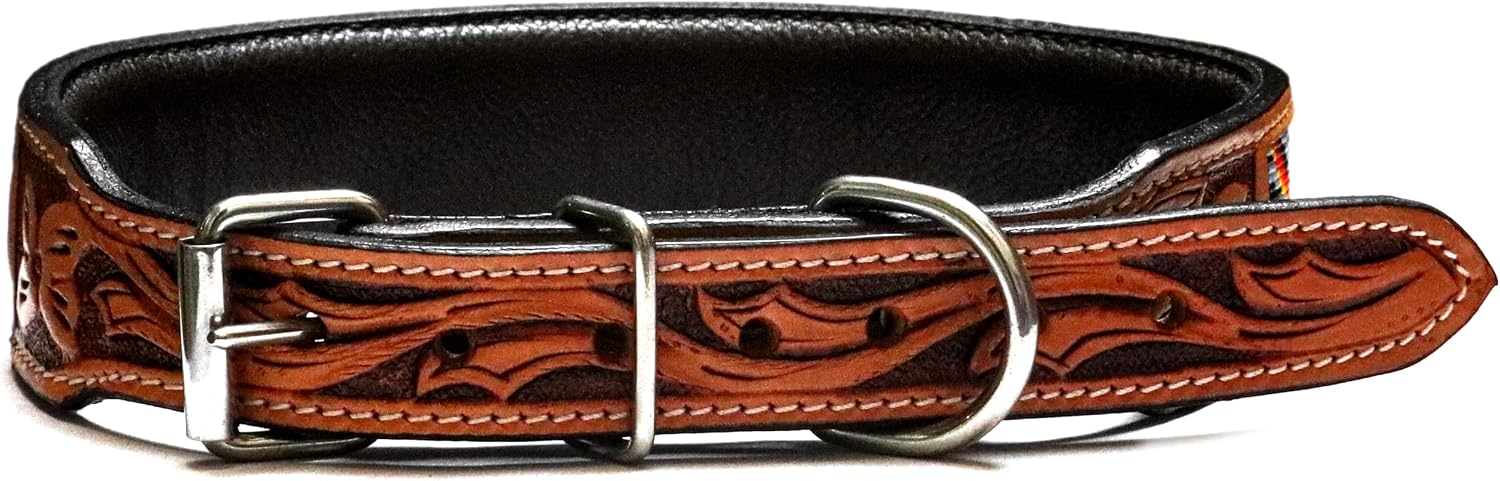 Western Leather Pet Floral Tooled Dog Collar Heavy Duty Hand Crafted Adjustable Padded Soft Puppy Puppies Big Inlaid Beaded Buckstitch (Dog Collar Design_04, Extra Large - L - 27" / W - 1.5")