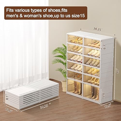 Miniatura 2 de FJJAQQ Organizador plegable para zapatos, 24 pares de cajas de almacenamiento de zapatos, caja de zapatos apilable de plástico con puerta