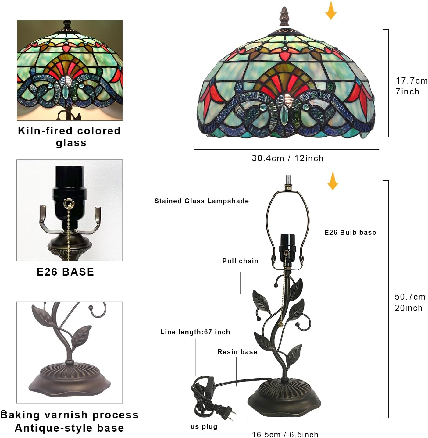 Tiffany Table Lamp, Stained Glass Lamp, 12x12x19 Inch, Metal Leaf Base Decor Lamp for Bedroom、Living Room、Home、Office (Baroque)