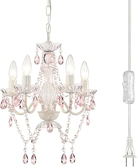 Alighting Plug in Chandeliers, 4-Light White & Pink Small Acrylic Crystal Hanging Ceiling Light with 20ft Cord, No Hardwire, White & Pink Chandeliers for Girls' Bedroom, Nursery or Playroom.