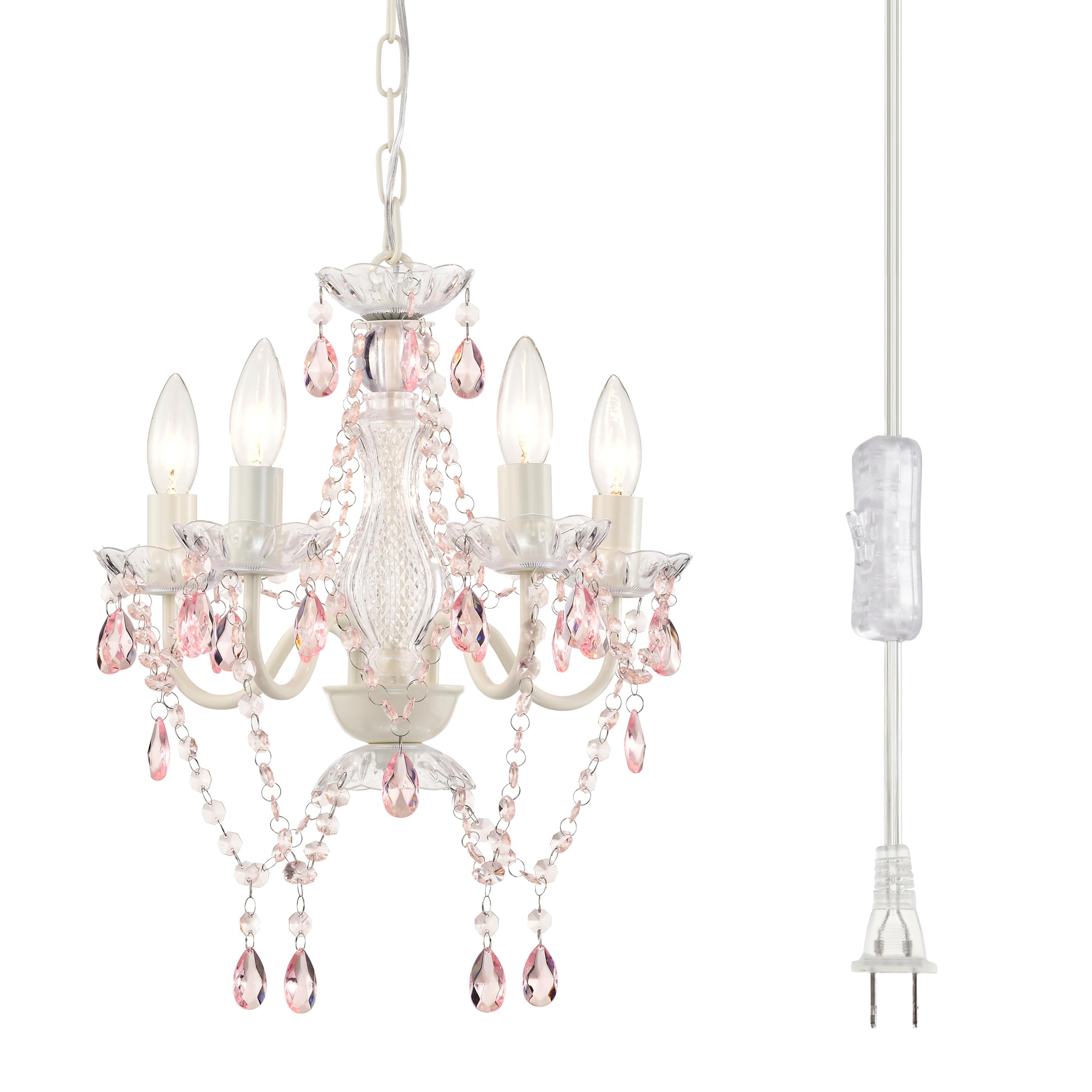 Plug in Chandeliers, 4-Light White & Pink Small Acrylic Crystal Hanging Ceiling Lamp with 20ft Cord, No Hardwire, White & Pink Chandeliers for Girls' Bedroom, Nursery or Playroom.