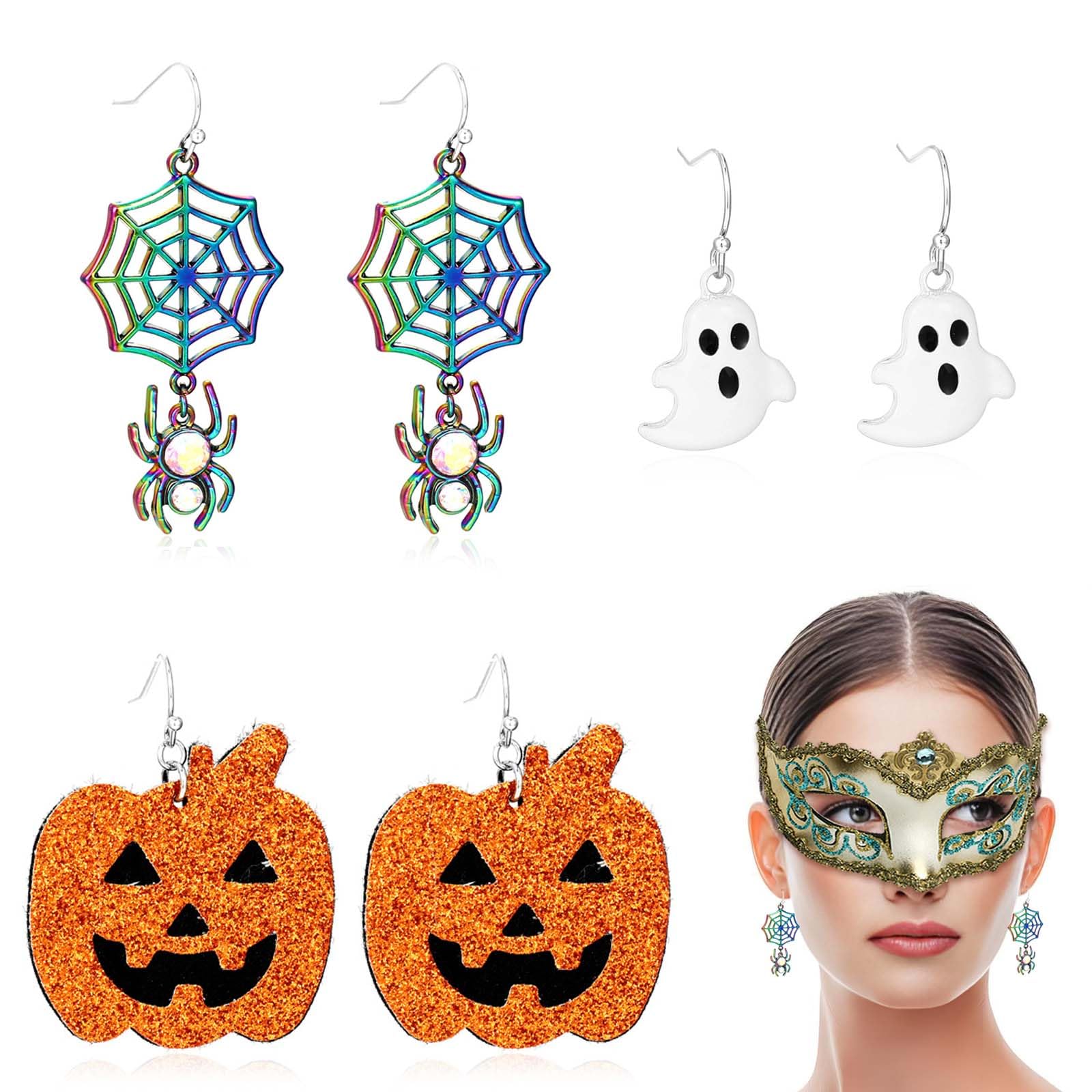 3 Pares Pendientes Halloween, Halloween Calabaza Fantasma Araña Pendientes para Mujeres, Accesorios Vampiro Mujer, Novedosas para Regalos, Decoración de Brujas