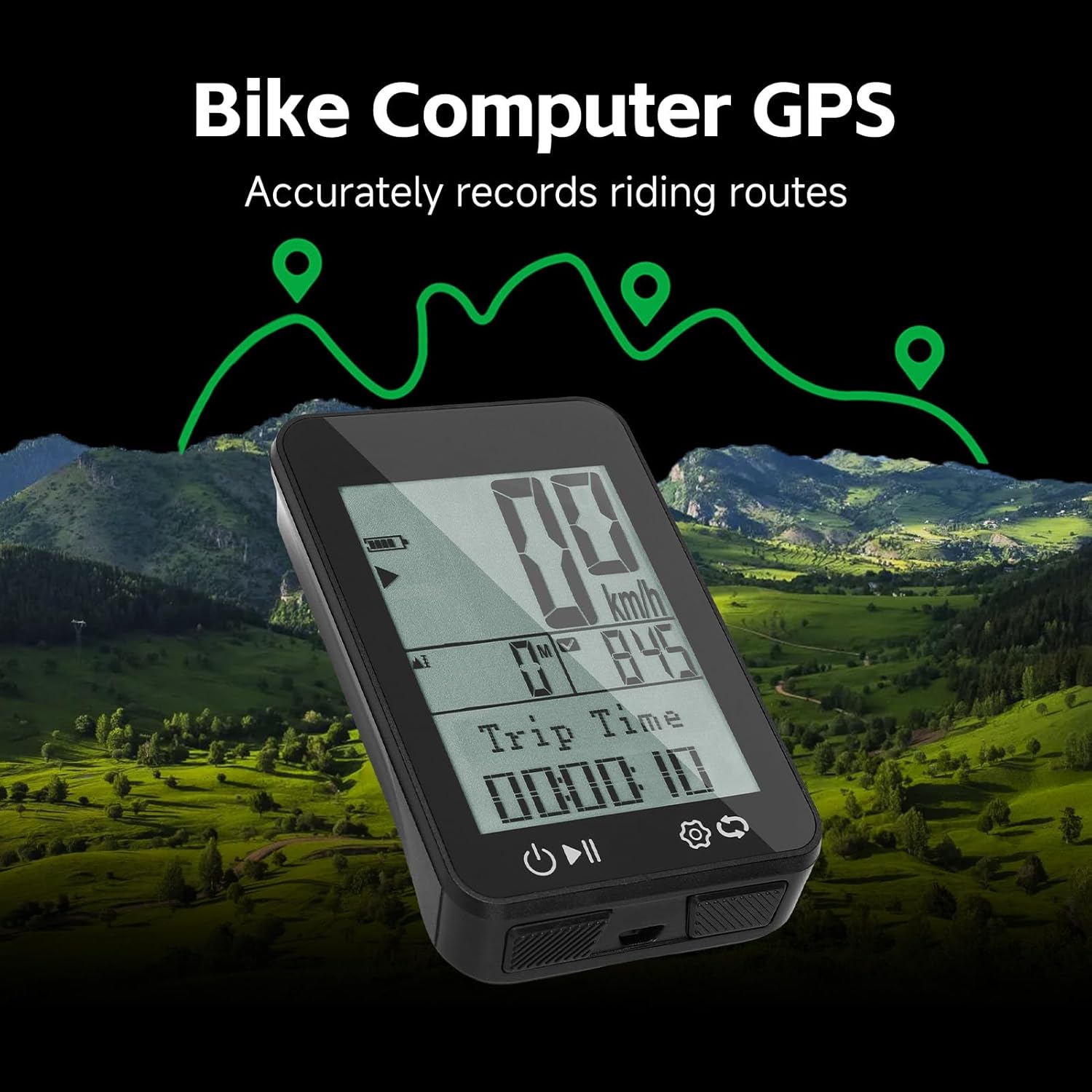 Aomiun BKV310 Bike Computer with a graphic illustrating GPS route tracking over a landscape.